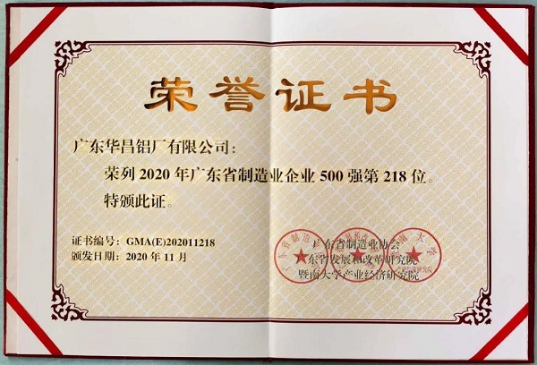 華昌鋁業上榜“2020年廣東省制造業企業500強”